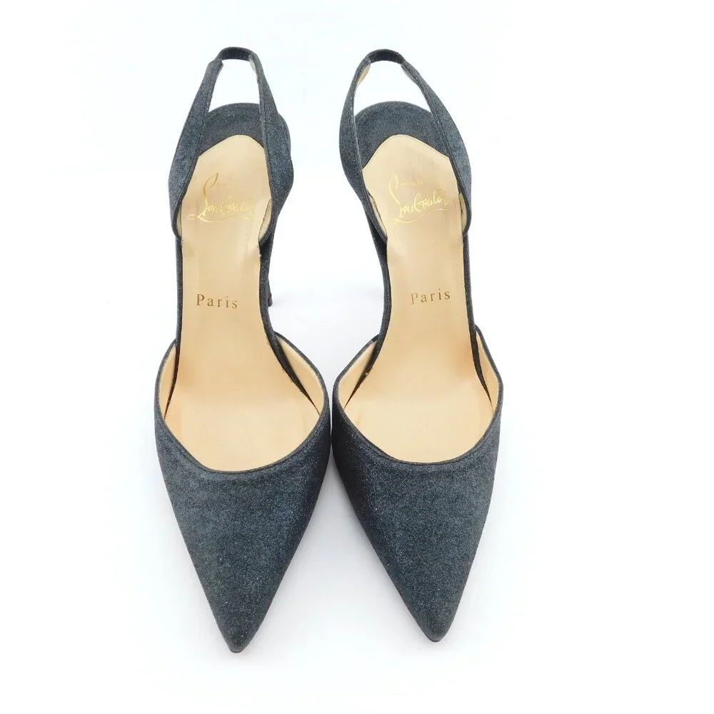 CHRISTIAN LOUBOUTIN Black Sparkle Shimmer Glitter Sling Heel Pumps 38